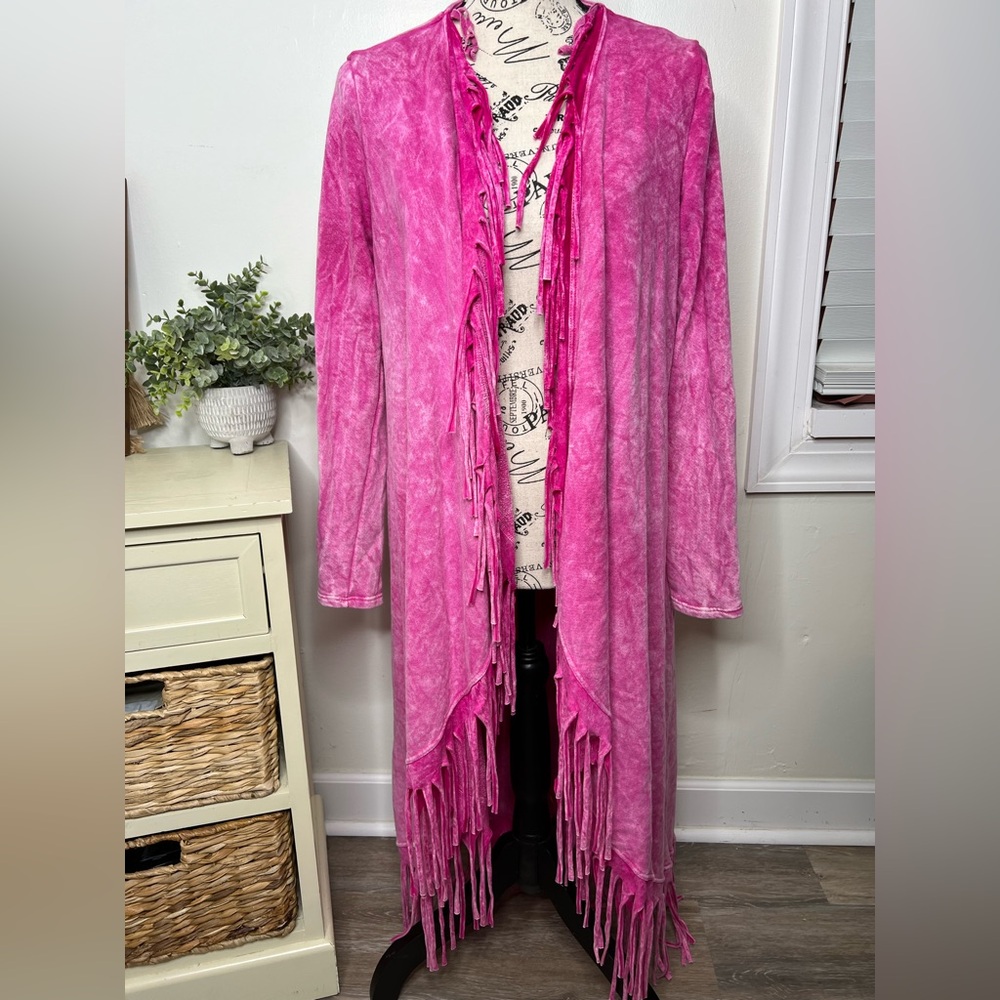 Blue Buttercup Pink Mineral Fringe Wash Cardigan
